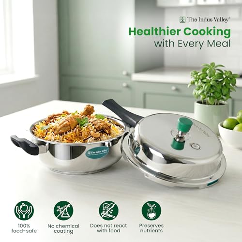 Image of The Indus Valley Stainless Steel Pressure Cooker 5Litres / Pressure Pan (Outer Lid) | Induction Friendly | Gas Compatible | Can Be Used as Frying Pan | ISI Certified | 3 Years Warranty
