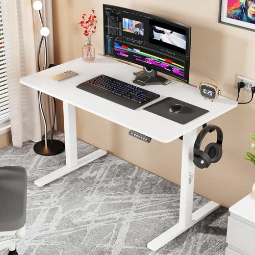 Lukzer Electric Automatic Height Adjustable Sit Stand Desk | White Frame White Top | Ergonomic Study Table with Digital Display & Memory Preset Option for Home & Office (EST-003/70 x 110 x 60cm)
