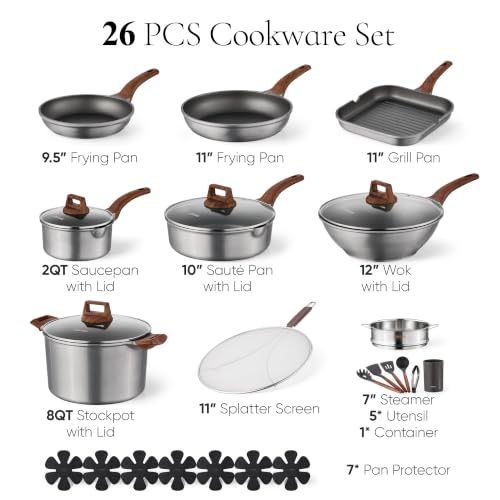 Image of CAROTE 26pcs Pots and Pan Set Nonstick, Cookware Sets | Durable, Easy to Clean, Even Heating, Kitchen Cooking Set, Induction Compatible, with Wok