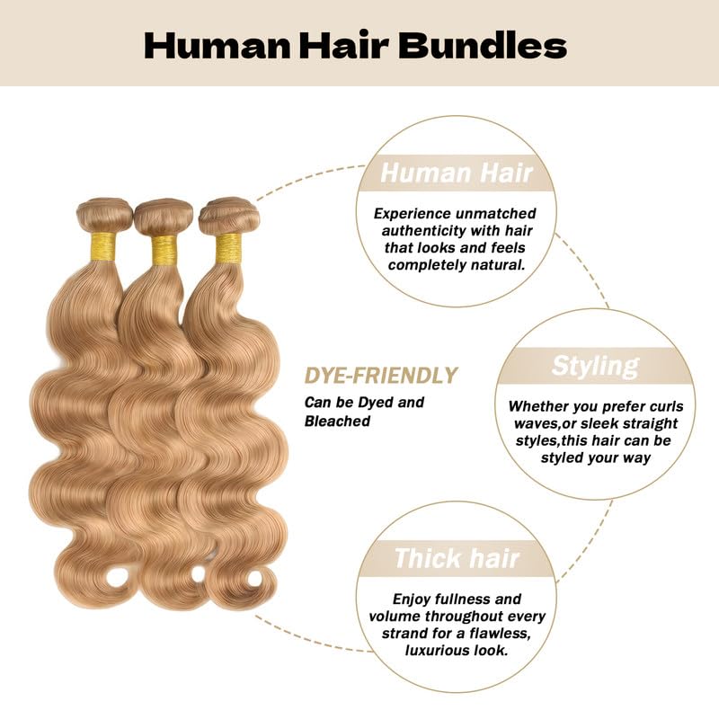 Honey Blonde Human Hair Bundles Brazilian Human Hair Weave Extensions No Shedding No Tangle 14 16 18 inch Body Wave Bundles Human Hair Extensions 27 Color