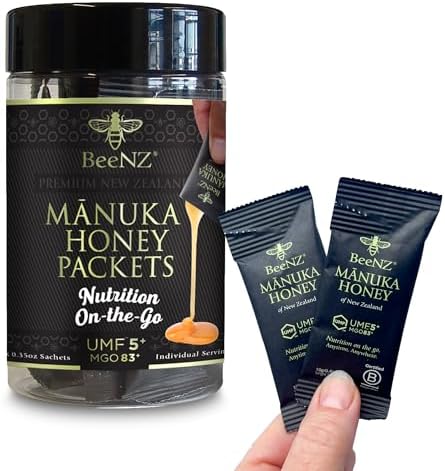 BeeNZ Raw Manuka Honey Packets, Certified UMF 5+ (MGO 83+), New Zealand Honey Packets, Pure, Natural Superfood for On-the-Go Wellness Support, No Sugar Added, Traceable from Hive to Sachet, 12 Pack