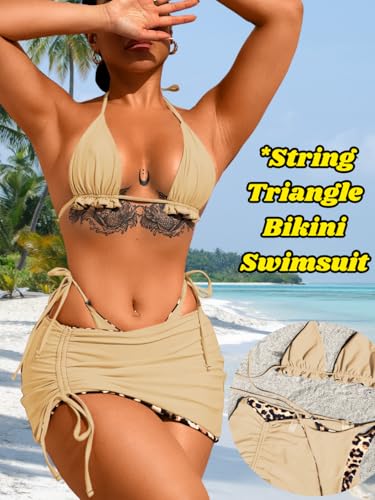Image of ShawGobow Womens 3 Piece Leopard Bikini Set,Triangle String High Cut Thong Sexy Swimsuit & Coverup Skirt,Pool Party Outfit