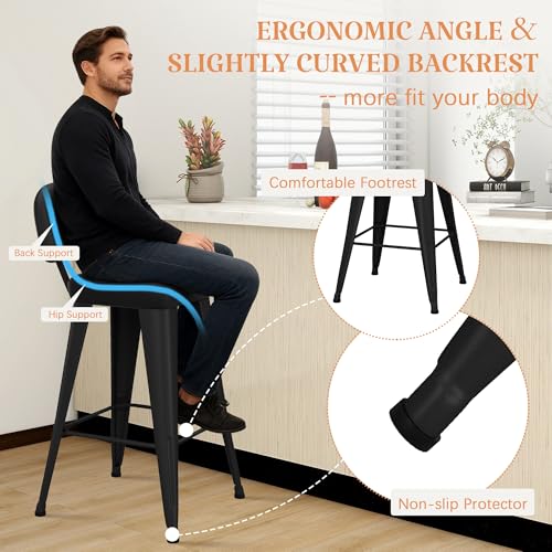 Image of Yongchuang 26 inch Black Bar Stools Set of 2 PU Leather Counter Height Stools with Back Metal Legs Upholstered Modern Kitchen Island Bar Chairs