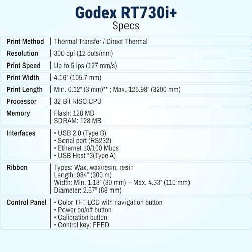Image of McAuley Labels GoDEX RT730i+ 4 inch Thermal Label Printer - 300 DPI Desktop Barcode Printer with Color Display - USB, Ethernet