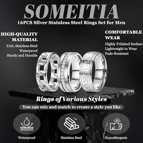 16PCS Silver Stainless Steel Rings Set for Men 8MM Spinning Cuban Link Chain Band Rings Square Signet Hammered Roman Numeral Silver Rings Engagement Wedding Promise Rings Set Size7-13 - Image 4