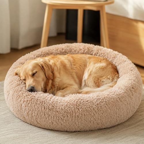 Image of JOLLYVOGUE Calming Dog Beds Extra Large Sized Dog, 45in Donut Washable Large Pet Bed, Anti-Slip & Anti-Anxiety Fluffy Faux Fur Round Dogs Bed, Fits up to 125 lbs Pets (Camel)