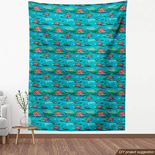 Ambesonne Botanical Fabric by The Yard, Lotus Flowers on The Lake Water Lilies Exotic Boho Pond Pattern, Decorative Fabric for Upholstery and Home Accents, 1 Yard, Blue Coral - Thumbnail 4