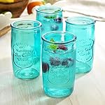 Glaver's Highball Ensemble de lunettes 4 – 20oz Artistique glacé Joli bleu – Verrerie vintage avec logo embossé – Verres à boisson pour l'eau, jus, cocktails.