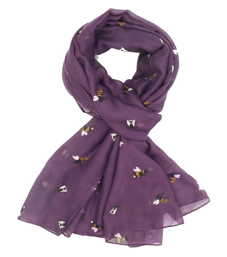 LilyRosa® Bee Scarf Bumble Bees Pattern Design Print Grey Navy Turquoise Blue Mint Green Scarves (Purple)