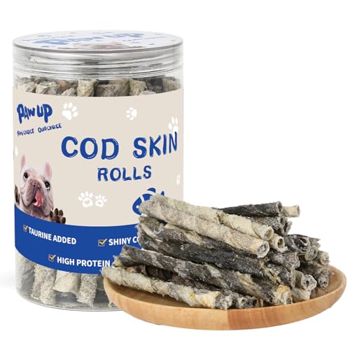PAWUP Cod Skin Rolls Dog Treats Natural High Omega 3 Dog Snacks Single Ingredient Cod Skin Chews for Small Dogs w/Taurine 8 oz (30-35 Count)
