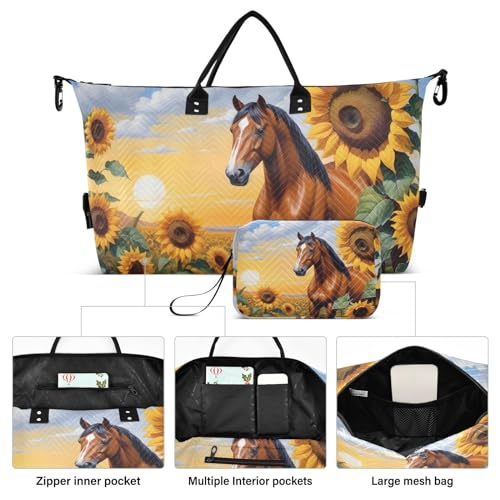 Large Travel Duffel Bag, Sunflower Horse Sports Tote Gym Bag, Shoulder Weekender Overnight Bag for Women Men, Carry On Luggage with Toiletry Bags2