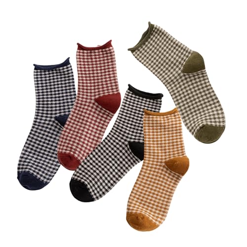 Cute Multi Colored Checkered Cotton Crew Socks For Women, Size 5-8, Pack of 54
