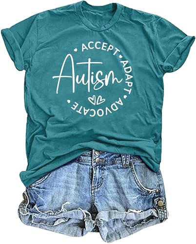 VVNTY Autism Awareness Shirts for Women: Autism Acceptance Tshirt Be Kind T-Shirt Inspirational Graphic Tee Tops Cyan