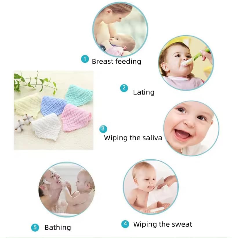 Taxzode Muslin 6 Layer Organic Cotton Face Towels for Newborn Baby Extra Soft Hankies Reusable Napkins for Infants Toddlers/Kids (Pack of 5) (White) 3