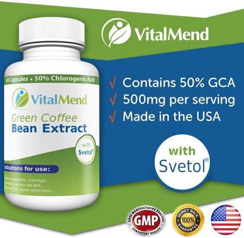 Vital Mend Green Coffee Bean Extract with Svetol, 500mg Per Serving, 50% GCA, Made in The USA, 6 Bottles, 6 Month Supply