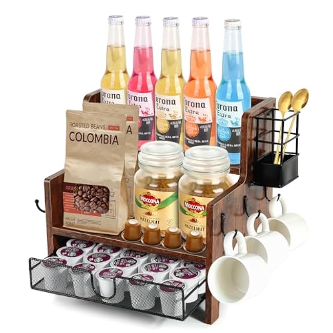 3-Tier Coffee Station Organizer for Countertop, Wood Coffee Bar Organizer with Drawer, Rustic Coffee and Tea Condiment Organizer, K-Cups Coffee Corner Organizer with 6 Hooks for Coffee Bar Accessories