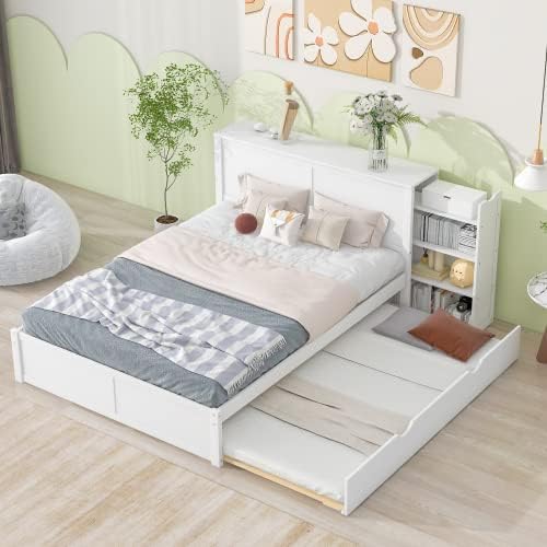 Bellemave Queen Size Platform Bed Frame with Trundle and Pull Out Shelves, Wood Queen Bed Frame with Storage Headboard (White/Trundle & Shelves)