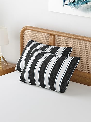 Image of 180 TC Pillow Cover Set of 2 | Pillow Cover Cotton 100% | Pillow Cover Set of 2 King Size | Wrinkle Free & Fade Resistance | Striped Pattern | Standard Size | All Season Use (Black & White)
