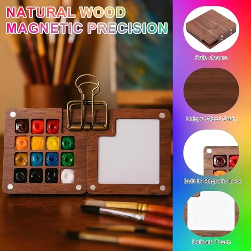 Image of Mini Watercolor Paint Set,24 color Paints, 15 Grids Portable Wooden Travel Palette, Sketchbook & Copper Clip, Metal Clip -For Beginners, Artists & Painting Enthusiasts