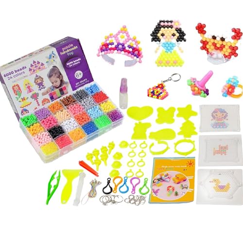 6000 Cuentas de Agua Mágicas, Juego de Creatividad DIY para hacer abalorios y figuras con Bolitas de 24 colores, Incluye plantillas de princesas, Anillo, Peana y Peonza, Manualidades para niña
