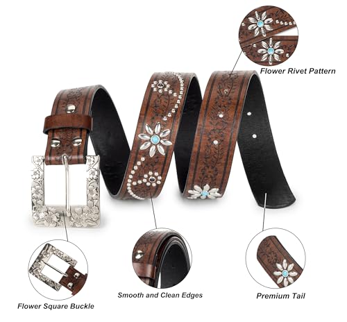 Western-Cowgirl-Rivet-Belt for Women - Versatile Studded Bling Floral-Cowboy-Belt Waist with turquoise for Jeans Pants4