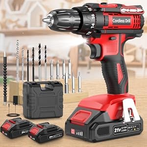 MHPRO Cordless Drill, Power Drill 21V, Electric Drill Set 42N.m with 2 Batteries 2.0Ah, 10mm Chuck, 2 Speeds, 18+1 Torque, LED Light, 14pcs Drill Set for Garden DIY Project, Red