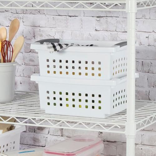 Image of Sterilite 16608008 Small Stacking Basket with Vertical Stacking Functionality and Titanium Accents for Organization in Home or Office, White (16 Pack)