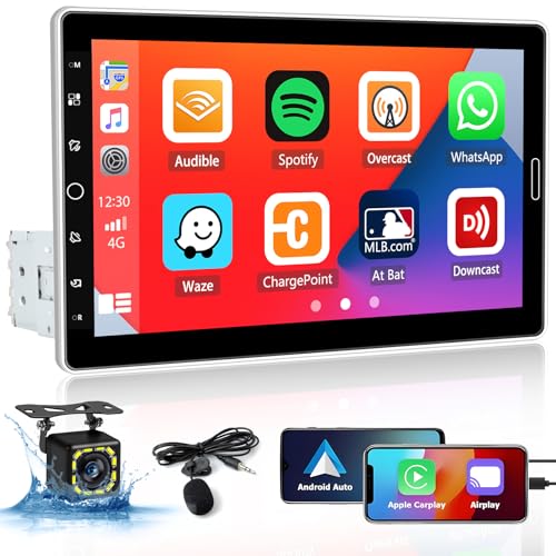 Hikity 10,1 Zoll 1 Din Autoradio mit Carplay Android Auto Wired Bluetooth Freisprecheinrichtung, Abnehmbares Bildschirm Touch Display Car Radio mit Mirror Link FM USB SD AUX + Rückfahrkamera