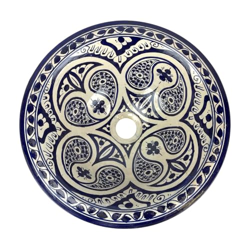 Lavabo marroquí de cerámica pintada a mano, 35 x 15 cm, azul y blanco, diseño tradicional de Fes