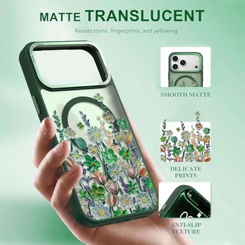 Image of Magnetic for iPhone 17 Pro Max Case for Women Girls, Green Floral | Pretty Oil Painting Flower Pattern Design [Compatible with MagSafe] Shockproof Slim Translucent Matte Non-Slip Cover