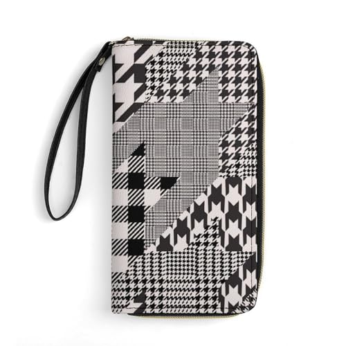 Niapessel Women's Wallets, Houndstooth Black White Print Large Zip Around Leather Travel Long Purse with Wrist Strap Card Cases & Money Organizers