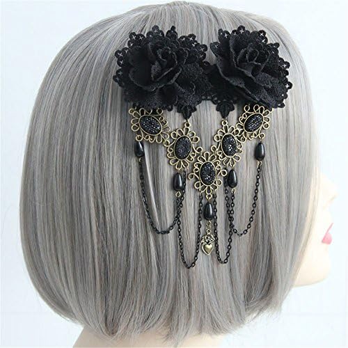 Gothic Vintage Black Lace Rose Flower Hair Clip With Pearl Chain Tassels Hair Barrettes for Women Princess Headwear