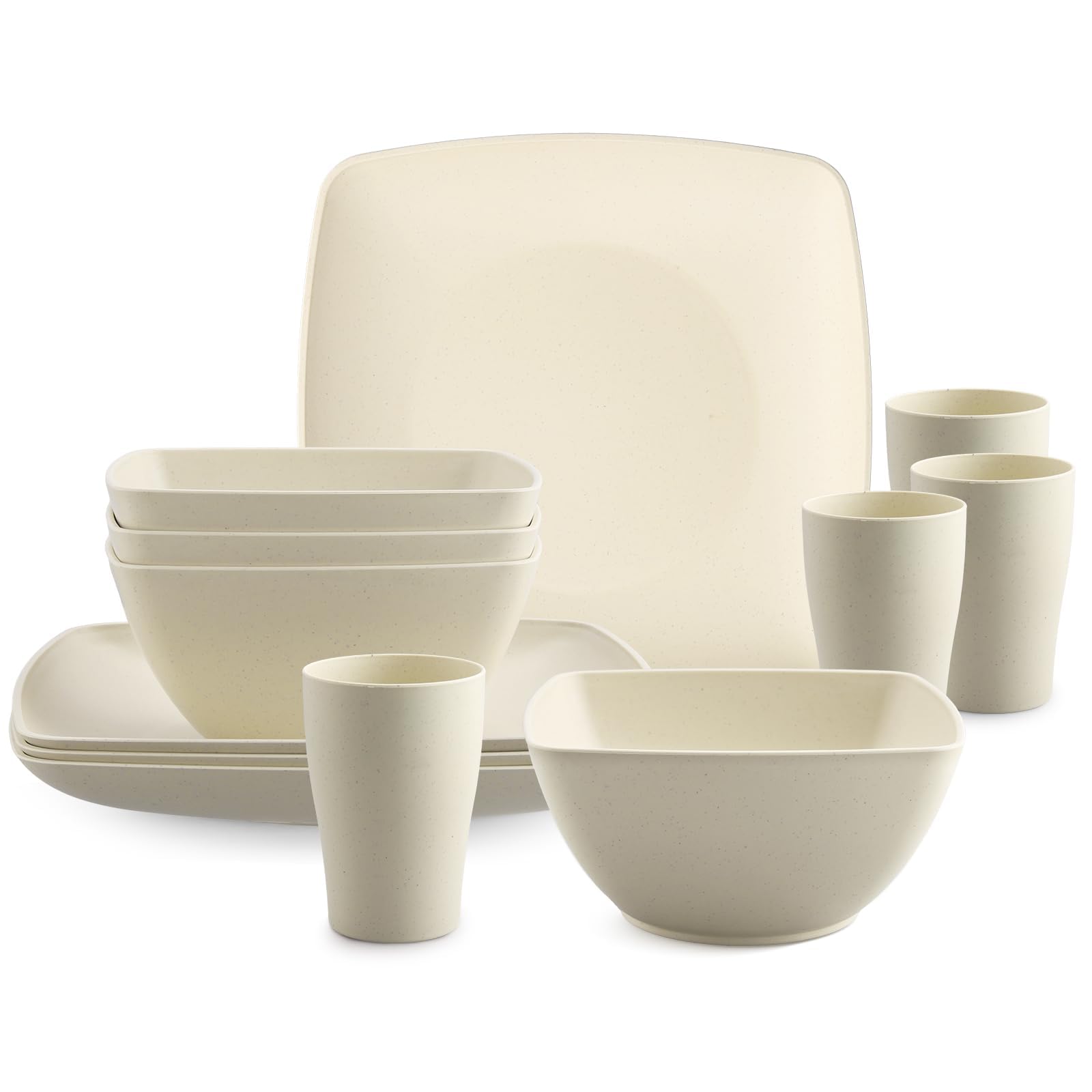 HOMGEN 12-Piece Camping Plastic Plates and Bowls Set Square Unbreakable Beige Dinnerware Set for 4 BPA-Free Microwave & Dishwasher Safe Reusable Plates Bowls Cups for Dinner Picnic Camping Caravan