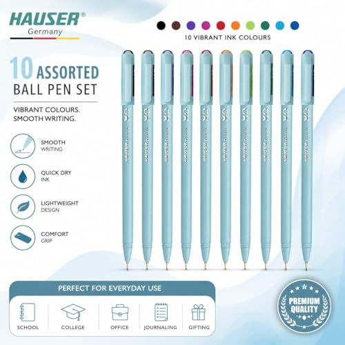 Image of Hauser XO 0.7mm 10 Vibrant Ink Multicolor Ball Pen Set Blister Pack of 3-Total 30 Pens| Smooth Ink Flow | Minimalistic Pastel Body, Comfortable Grip | For Writing, Doodling, Coloring & Mandala Art