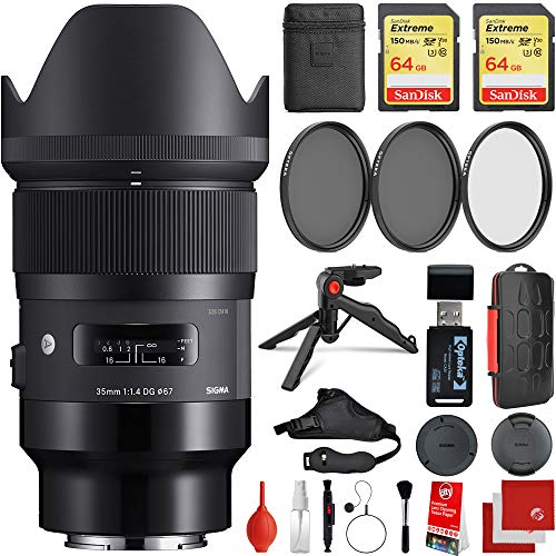 Review Product Sigma 35mm f/1.4 Art DG HSM Lens Leica L-Mount Bundle with 2X 64GB Extreme Memory Cards, 3 Piece Filter Kit, Wrist Strap, Card Reader, Memory Card Case, Tabletop Tripod