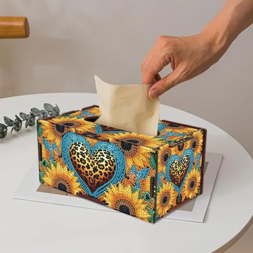 Image of DIY Diamond Painting Tissue Box, Wooden Diamond Art Napkin Holder with Sunflower and Leopard Print Design, Decorative Rhinestone Craft Tabletop Kit for Adults, Desktop Storage Organizer