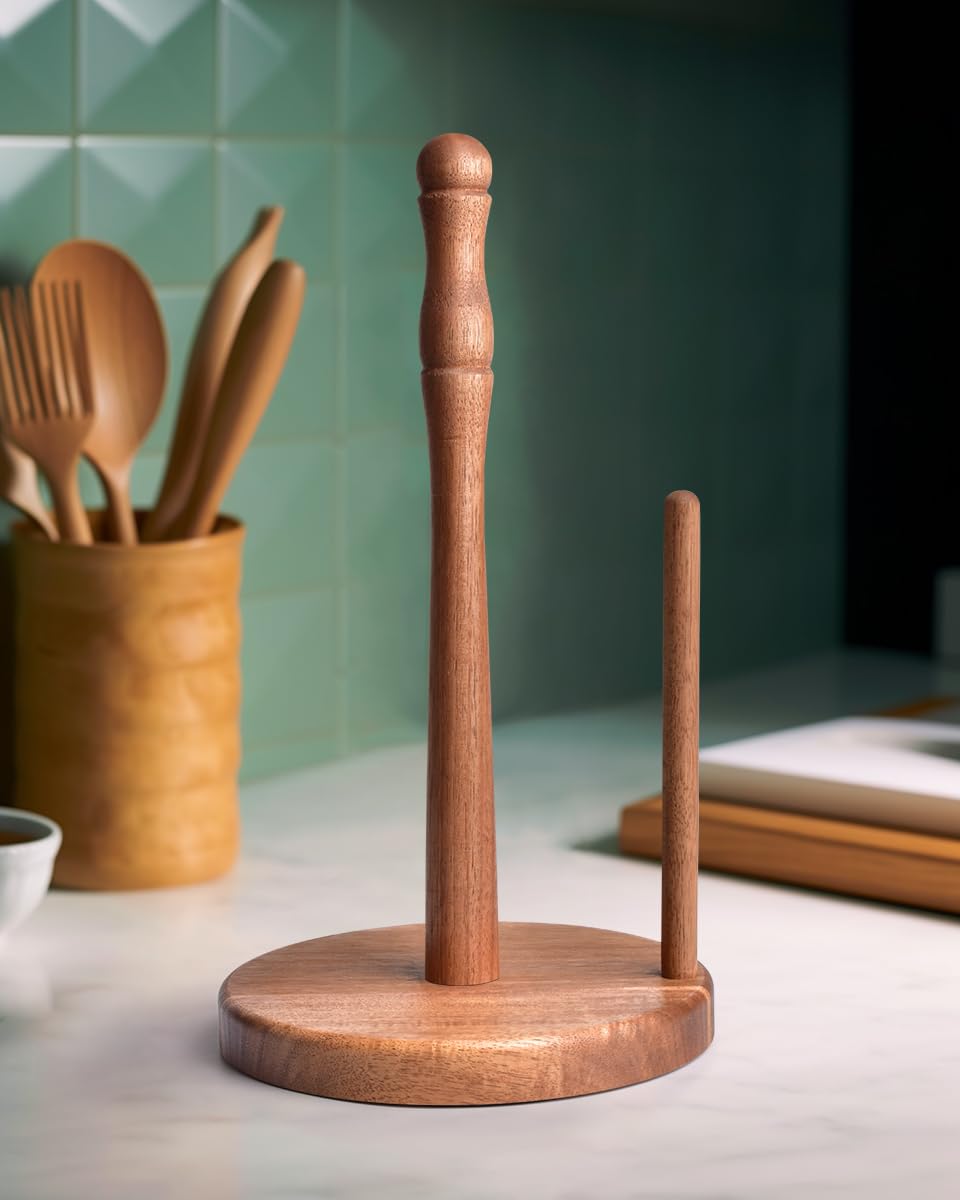 Photo 1 of CHAUNCEY HOME Farmhouse Acacia Wood Paper Towel Holder Countertop, Weighted Base for Kitchen & Bathroom, One-Handed Operation, Wooden Standing Towel Roll Organizer, Jumbo Rolls