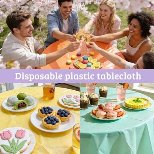 Image of CIEOVO 12 Pcs Round Spring Easter Tablecloths, Plastic Pastel Color Table Cloths Plastic Disposable Tablecloth Pastel Table Cover for Spring Easter Birthday Wedding Baby Shower Party Decorations