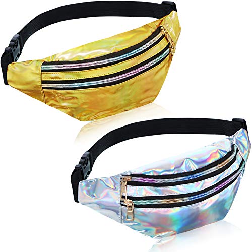 Frienda 2 Pieces Holographic Fanny Pack for Women Colorful Sport Waist Bag Pack(Shiny Silver Gold)