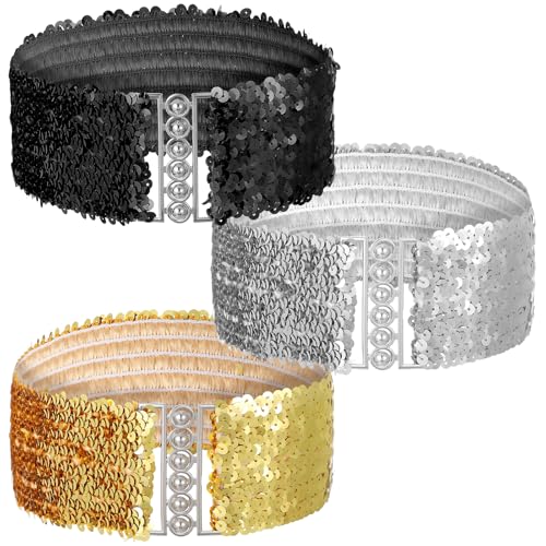Sequin Belt 3PCS Sequin Belts for Women, Glitter Belt for 70s 80s Costume Party, Disco Party Costume Wide Waist Elastic Cinch Belts Cheerleader Stretchy for Women Metal Buckle (Gold Silver Black)