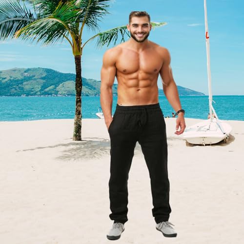 Georcep Mens Drawstring Linen Pants – Lightweight Beach Pants with Pockets, Summer Trousers for Yoga Travel Lounge (C-Grey,M) – vue 3