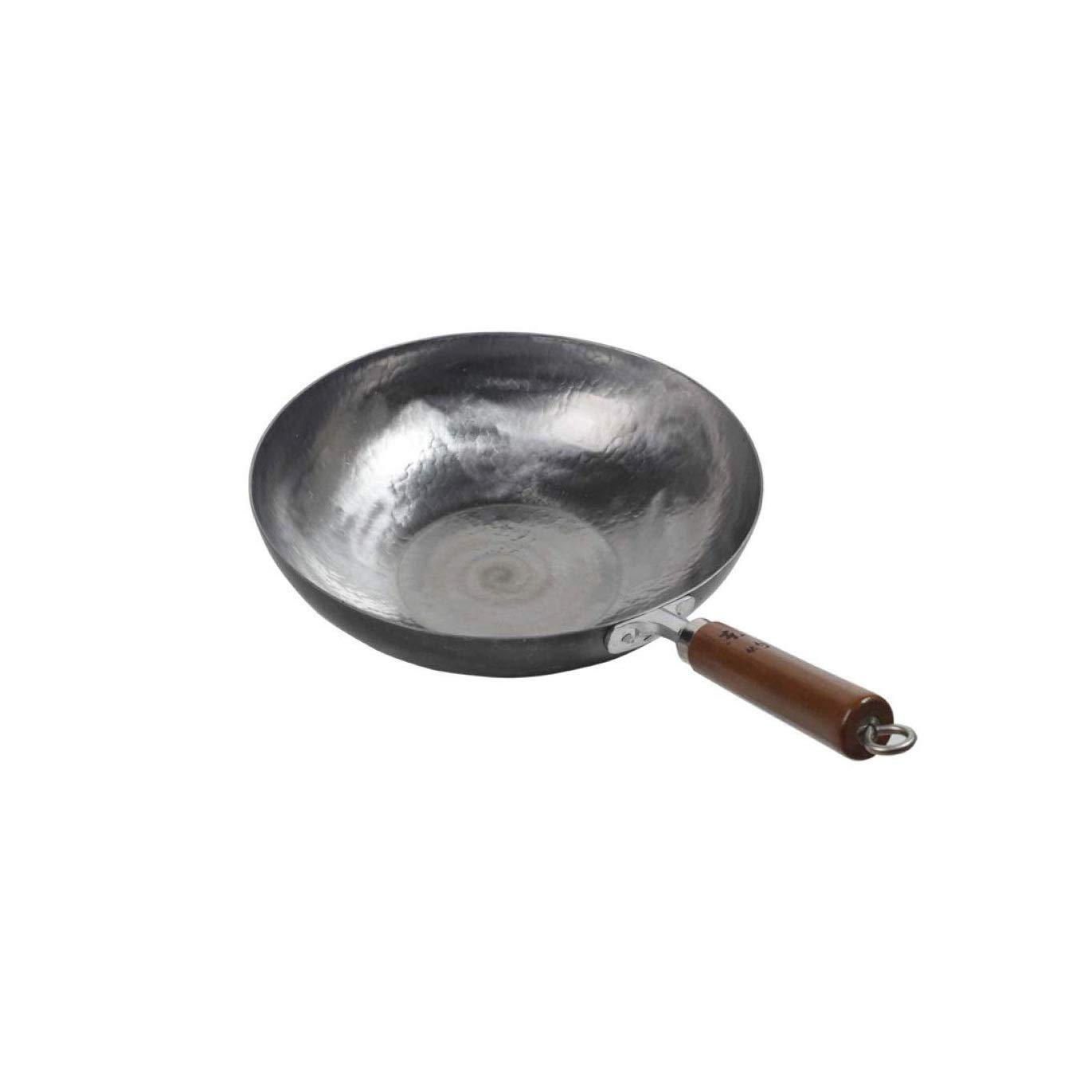 ASerZenith Simple And Atmospheric Cast Iron Wok Uncoated With Anti-Scalding Wooden Handle For High Temperature Suitable For All Stove Tops Silver,34Cm