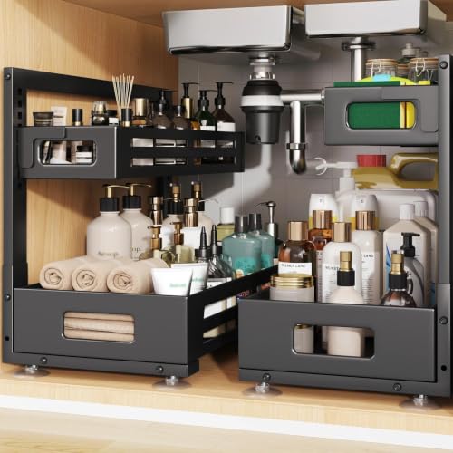 Image of 2 Pack 19IN-Depth Under Sink Organizer,Pull Out Cabinet Organizer With Smooth Cylindrical Rail,Metal Slide Out Drawer for Kitchen Bathroom Laundry,8-Level Tool Free Height Adjustable-Black