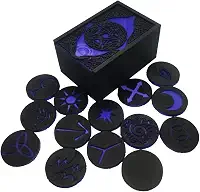 Caixa de Runas das Bruxas Preta com Pentagrama, 14 Peças com Símbolos Roxos, Conjunto de Runas Místicas para Adivinhação