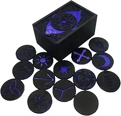 Caixa de Runas das Bruxas Preta com Pentagrama, 14 Peças com Símbolos Roxos, Conjunto de Runas Místicas para Adivinhação