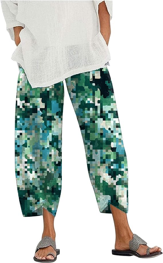 domirica Boho Pants for Women Gold Flower Print Plus Size Casual Travel Cotton Pants with Pockets Comfy Elastic Waist Relax for Holiady Lightweight House Trousers,L at Amazon Women’s Clothing store - view 1