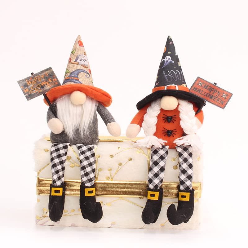 JstDoit2Pcs Halloween Gnomes Plush Decorations, Handmade Swedish Tomte Gnomes with Happy Halloween Sign Farmhouse Halloween Elf Decorations for Fall Christmas Home Table Tier Tray Shelf Decor