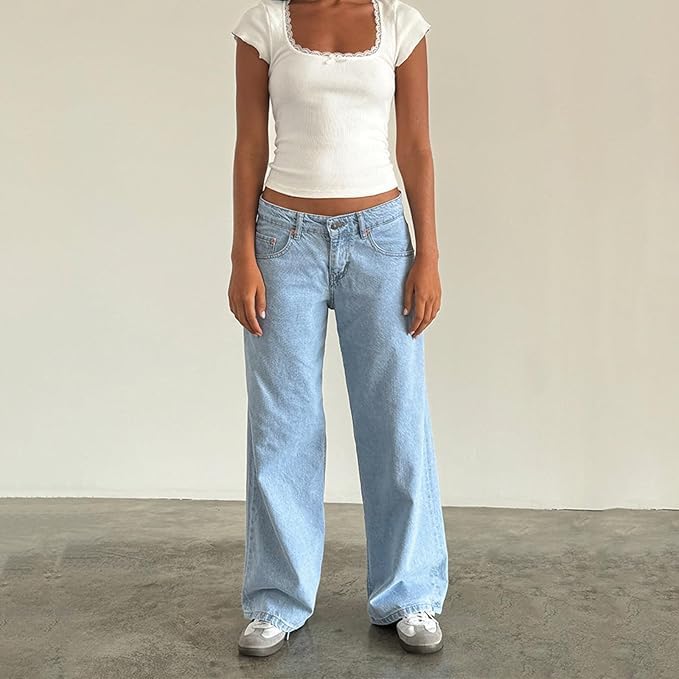 Low Rise Jeans for Women,2025 Low Rise Baggy Jeans Y2k Boyfriend Loose Fit Straight Wide Leg Pants Long Denim Pants3