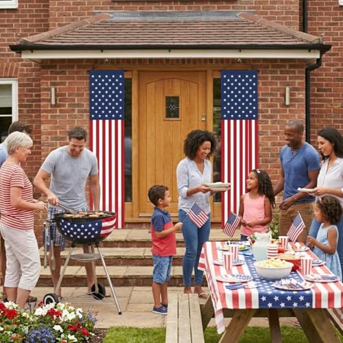 Image of 4th of July Decorations - Hanging American Flag Banners Patriotic Porch Sign for Memorial Day, Independence Day Party Supplies - Weatherproof Stars and Stripes Red White Blue (2 Pcs)