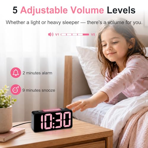 Image of DreamSky Small Digital Alarm Clock with Night Light for Kids Bedroom | RGB Desk Clock with Large Numbers for Teens Boys, Brightness Dimmer, Adjustable Alarm Volume, USB Port, USB-C Adapter Powered